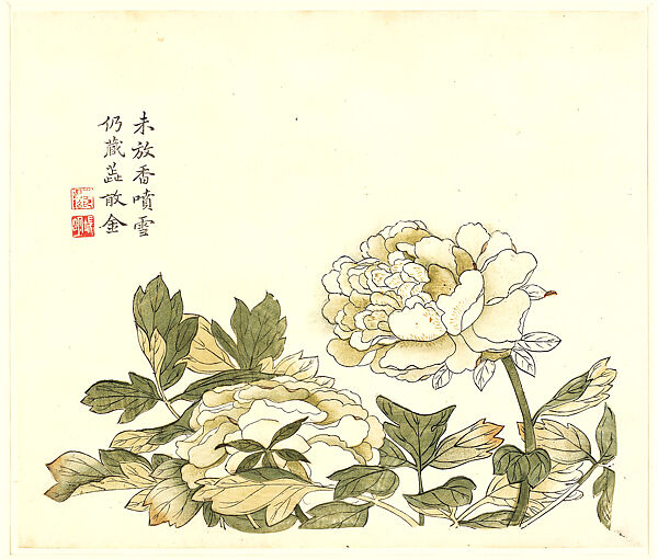 Two Peonies, Leaf from the Mustard Seed Garden Painting Manual, part 3, Woodblock print; ink and color on paper, China 