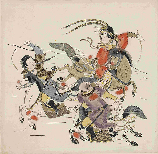 Three Equestrians, Woodblock print; color on paper, China 