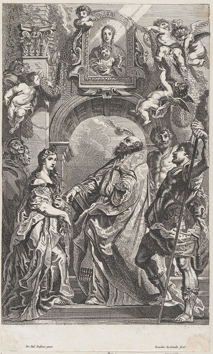 Saint Gregory and other saints in front of a gateway with a portrait of the Virgin, cherubs overhead, Rombout Eynhoudts (Dutch, Antwerp 1613–1680 Antwerp), Etching 