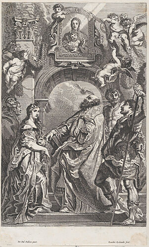 Saint Gregory and other saints in front of a gateway with a portrait of the Virgin, cherubs overhead