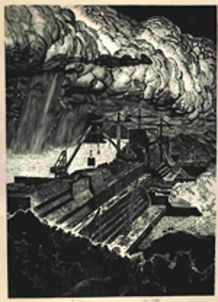 Storm on the Embankment, Chen Jinrong (Chinese), Woodblock print; oil-based black ink on paper, China 