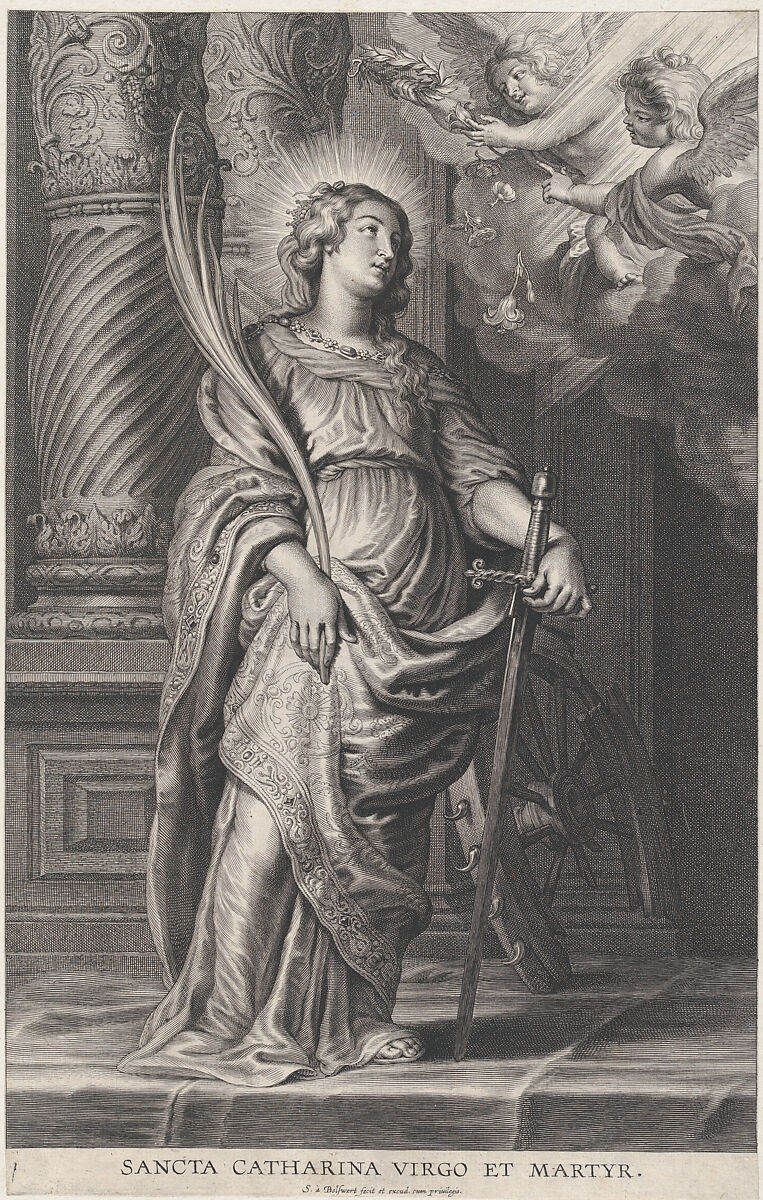 Saint Catherine holding palm leaves and a sword, two putti overhead holding a laurel, Schelte Adams à Bolswert (Dutch, Bolsward 1581–1659 Antwerp), Etching and engraving; first state of two 