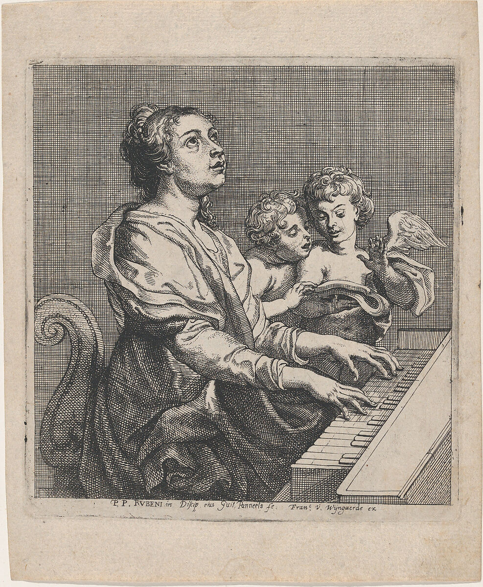 Saint Cecilia playing the virginals, accompanied by two singing angels, Willem Panneels (Flemish, ca. 1600–after 1632), Etching; second state of two 