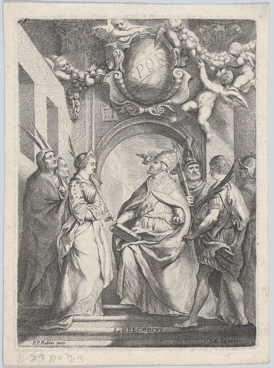 Saint Gregory surrounded by other saints, in front of an archway with putti holding garlands overhead, Jacob de Wit (Dutch, Amsterdam 1695–1754 Amsterdam), Etching; second state of two 