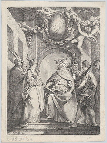 Saint Gregory surrounded by other saints, in front of an archway with putti holding garlands overhead