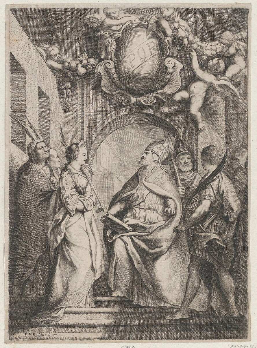 Saint Gregory surrounded by other saints, in front of an archway with putti holding garlands overhead, Anonymous, Etching 