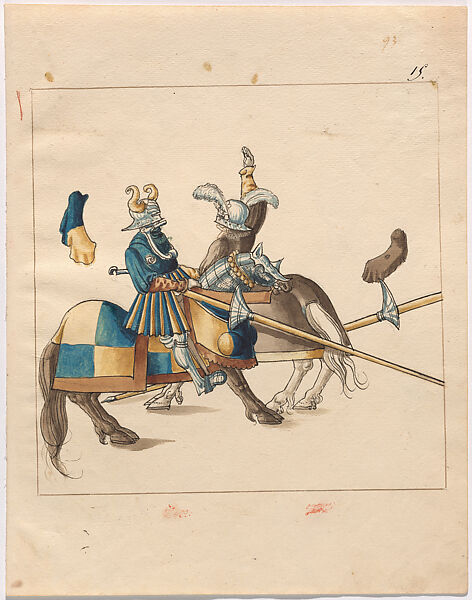 Joust of War Between Freydal and Christoph Schenk von Limpurg, Design for Freydal, Pen in brown and black ink with watercolor over black chalk and lead point on laid paper, South German 