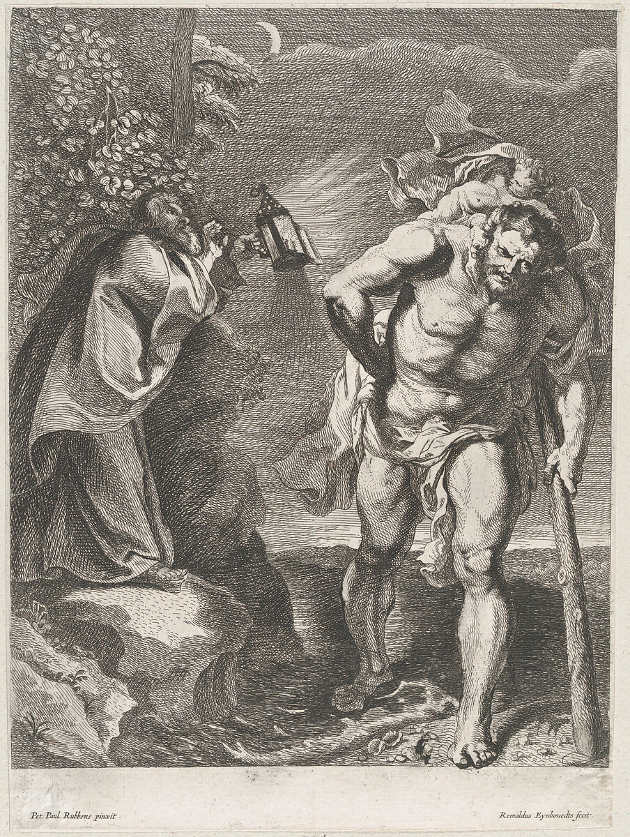 Saint Christopher carrying the Christ child across a stream, another man holding a lantern at left on the riverbank, Rombout Eynhoudts (Dutch, Antwerp 1613–1680 Antwerp), Etching; third state of three (Dutuit) 
