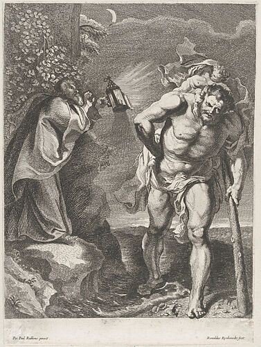 Saint Christopher carrying the Christ child across a stream, another man holding a lantern at left on the riverbank
