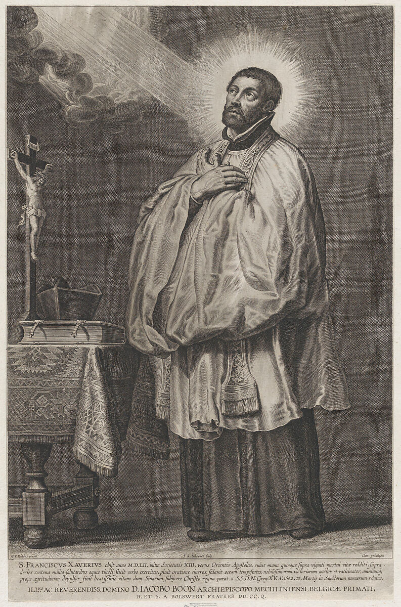 Saint Francis Xavier with a divine light emanating towards him from the upper left, with a crucifix, mitre, and book on a table at left, Schelte Adams à Bolswert (Dutch, Bolsward 1581–1659 Antwerp), Engraving 