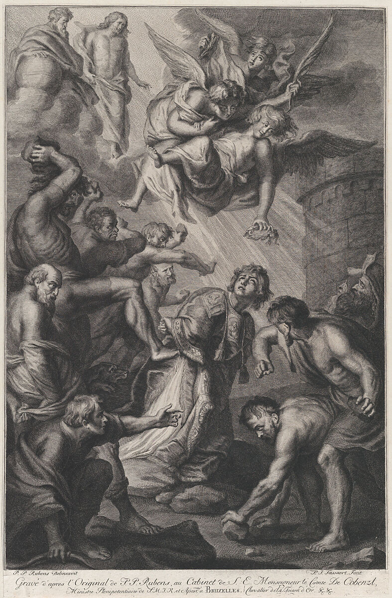 The Martyrdrom of Saint Stephen, kneeling at center while persecutors throw stones at him, three angels holding a laurel wreath overhead, and Christ and God the Father in the clouds at upper left, Phillip Joseph Tassaert (Flemish, Antwerp 1732–1803 London), Engraving 