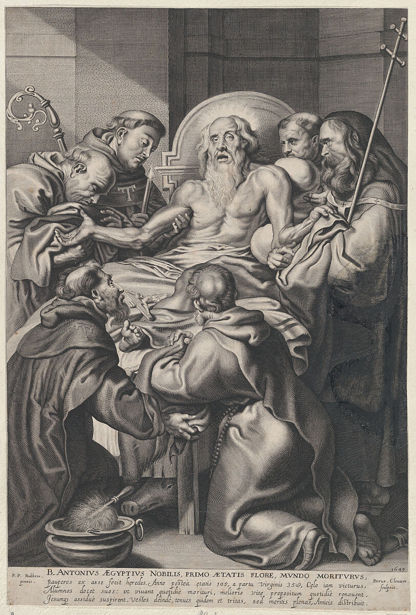 The Death of Saint Anthony, surrounded by saints on his deathbed, Peeter Clouwet (Flemish, Antwerp 1629–1670 Antwerp), Engraving; first state of four (Hollstein) 