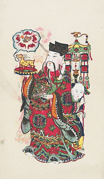 The Civil Official Door Guards “Rise in Rank” and “Bring in Emoluments”, Woodblock print; ink and color on paper with additional hand coloring, China 