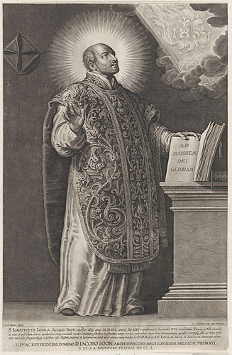 Saint Ignatius Loyola, standing and holding an open book