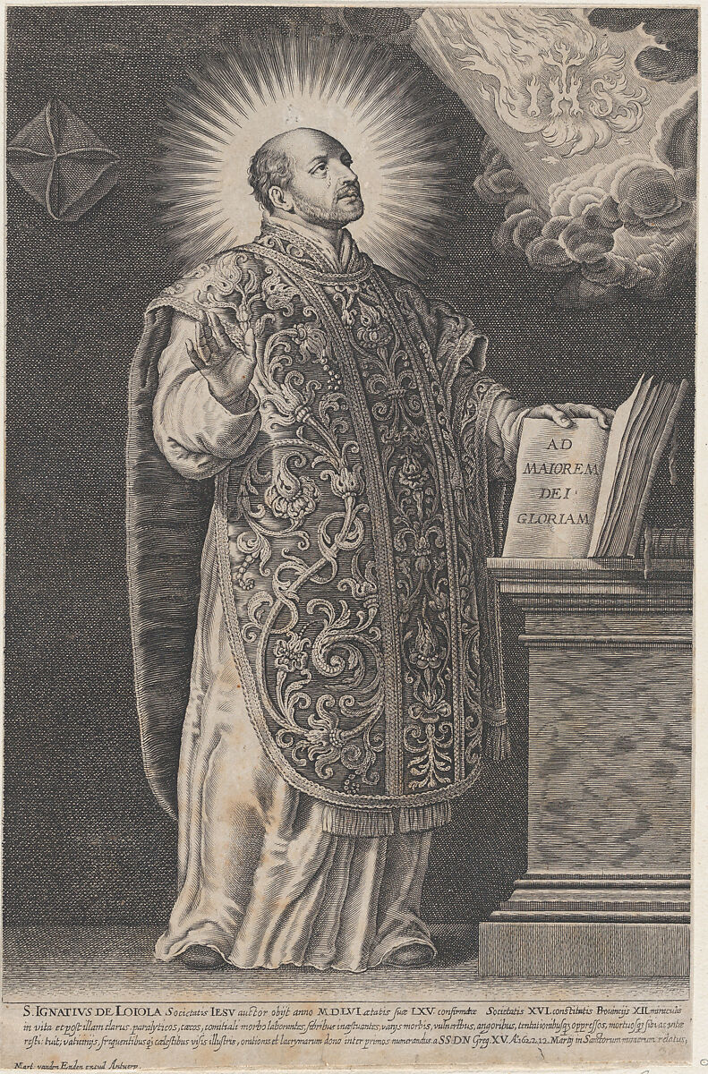 Saint Ignatius Loyola, standing and holding an open book, Anonymous, Engraving; copy 