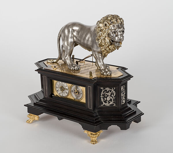 Automaton Clock with Pacing Lion, Daniel Lotter, Silver (cast, partly gilded), bronze, ebony, enamel, German, Augsburg 