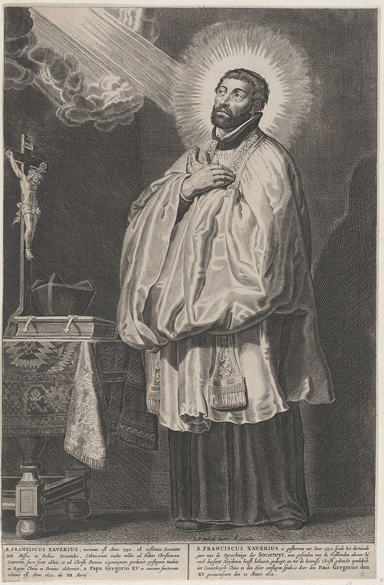 Saint Francis Xavier with a divine light emanating towards him from the upper left, with a crucifix, mitre, and book on a table at left, Anonymous, Engraving; copy 
