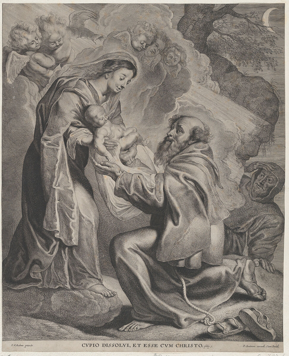 The Vision of Saint Francis, kneeling at right, receiving the Christ child from the Virgin Mary, Cornelis Visscher (Dutch, Haarlem (?) 1628/29–1658 Amsterdam), Etching and engraving; second state of four (Hollstein) 