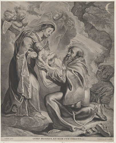 The Vision of Saint Francis, kneeling at right, receiving the Christ child from the Virgin Mary