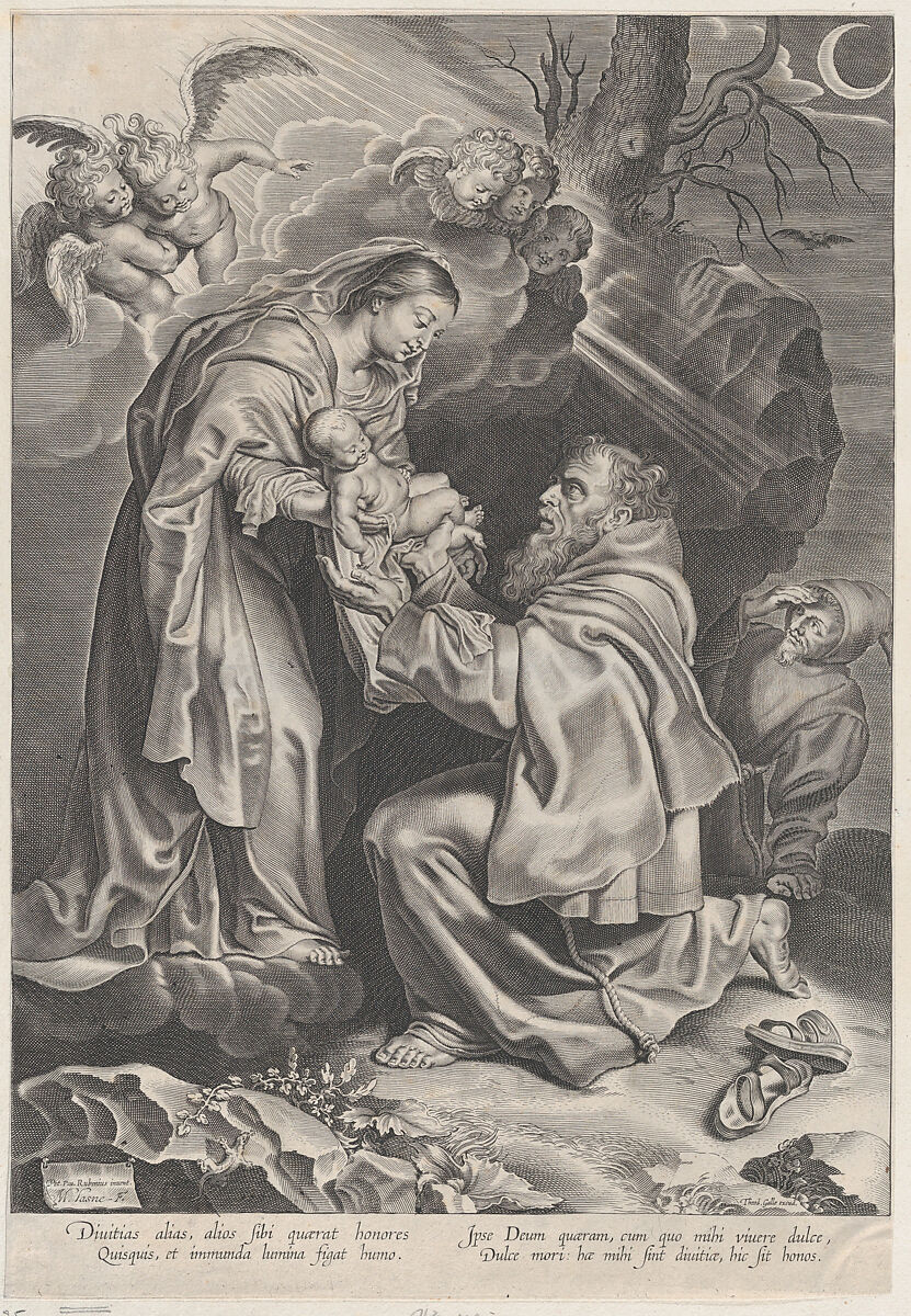 The Vision of Saint Francis, kneeling at right, receiving the Christ child from the Virgin Mary, Michel Lasne (French, Caen 1590–1667 Paris), Etching and engraving; first state of two 