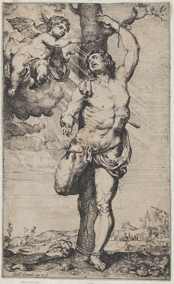 The Martyrdom of Saint Sebastian, with angels crowning him at upper left, Willem Panneels (Flemish, ca. 1600–after 1632), Etching 