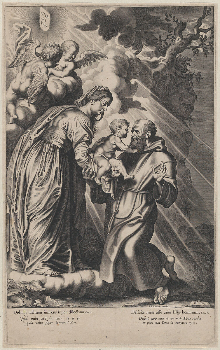 The Vision of Saint Francis, kneeling at right, receiving the Christ child from the Virgin Mary, Michel Lasne (French, Caen 1590–1667 Paris), Engraving 