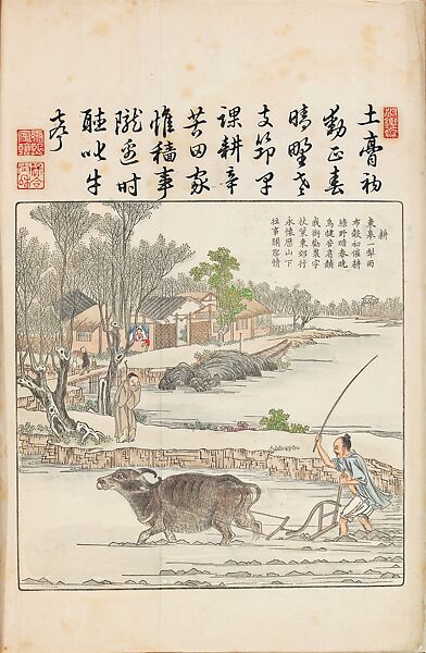 Leaf from the Imperially Commissioned Illustrations of Agriculture and Sericulture, Jiao Bingzhen (active ca. 1680–1720), Woodblock print from an album of 46 leaves; ink on paper with hand coloring, China 