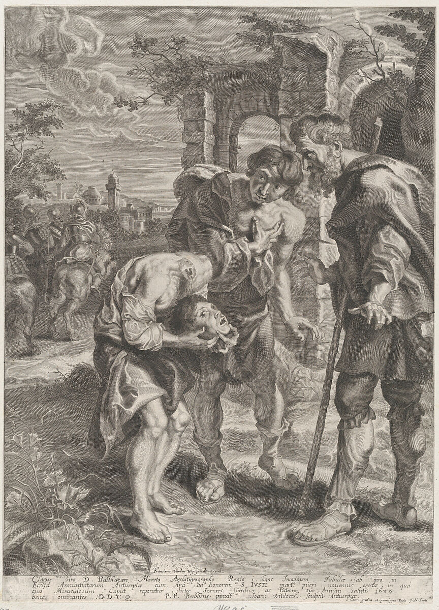 The miracle of Saint Just, who stands at center holding his decapitated head in his hands with two onlookers, Jan (Hans) Witdoeck (Flemish, ca. 1615–1642), Engraving; second state of two 