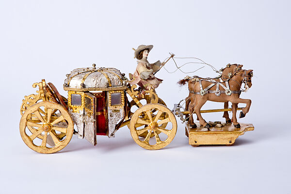 Model Carriage, Lime- and cherry woods (partially gilded), leather,
silk, felt, sheet silver (embossed, stamped), silver wire, gold wire,
paper, horsehair, sheet steel, steel wire, paint, probably Southern German 