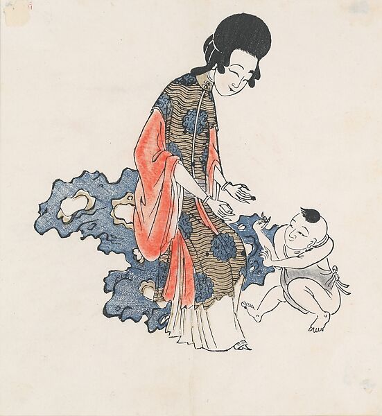 Beauty with Child, Woodblock print; color on paper, China 