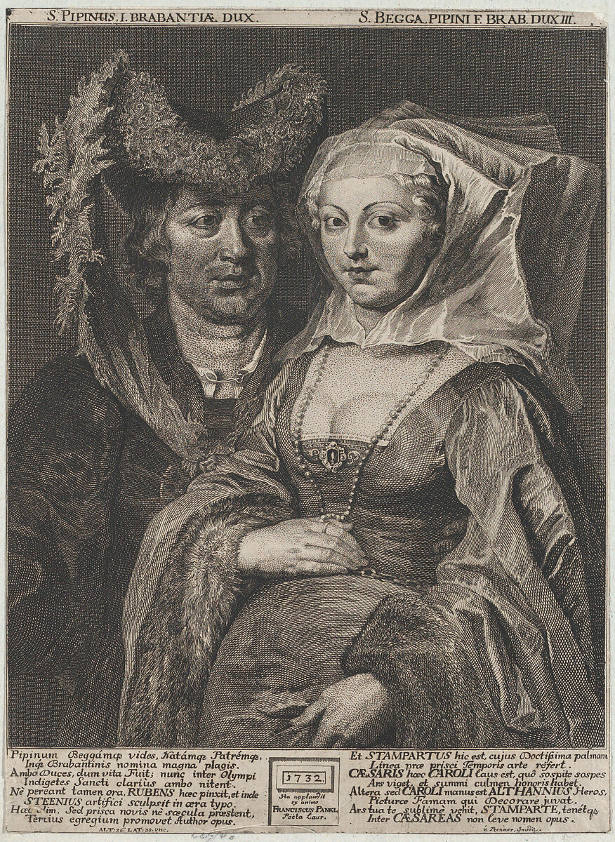 Saint Pepin I and his daughter, Saint Begga, Anton Joseph von Prenner (Austrian, Wallerstein 1683–1761 Vienna), Etching; reverse copy 
