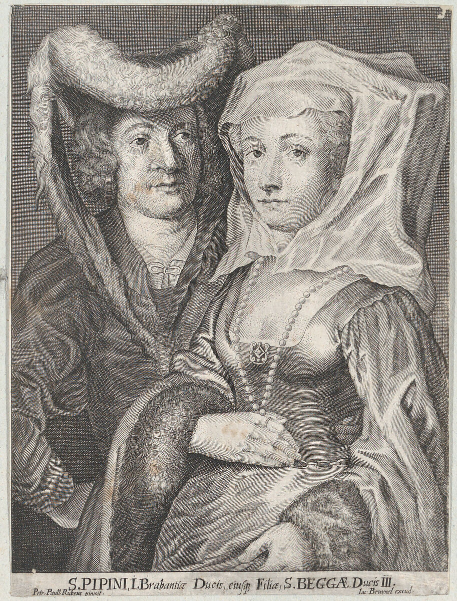 Saint Pepin I and his daughter, Saint Begga, Anonymous, Etching; reverse copy 