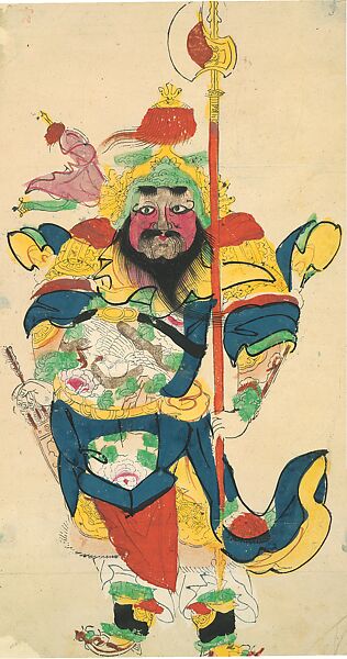 Door Guardian, Woodblock print; ink and color on paper with additional hand coloring, China 