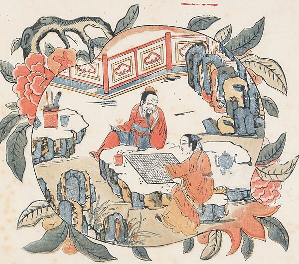 Weiqi Players, Woodblock print; ink and color on paper, China 