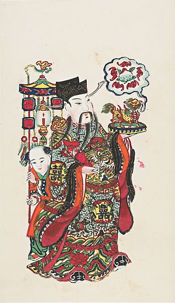 The Civil Official Door Guards “Five Great Fortunes” and “Longevity”, Woodblock print; ink and color on paper with additional hand coloring, China 