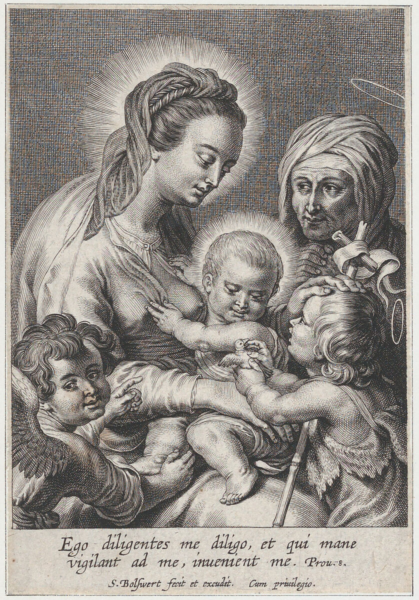 The Virgin and Christ child, with Saint John the Baptist showing them a bird at right, Saint Anne in the background at right, and a putto at lower left, Schelte Adams à Bolswert (Dutch, Bolsward 1581–1659 Antwerp), Engraving 