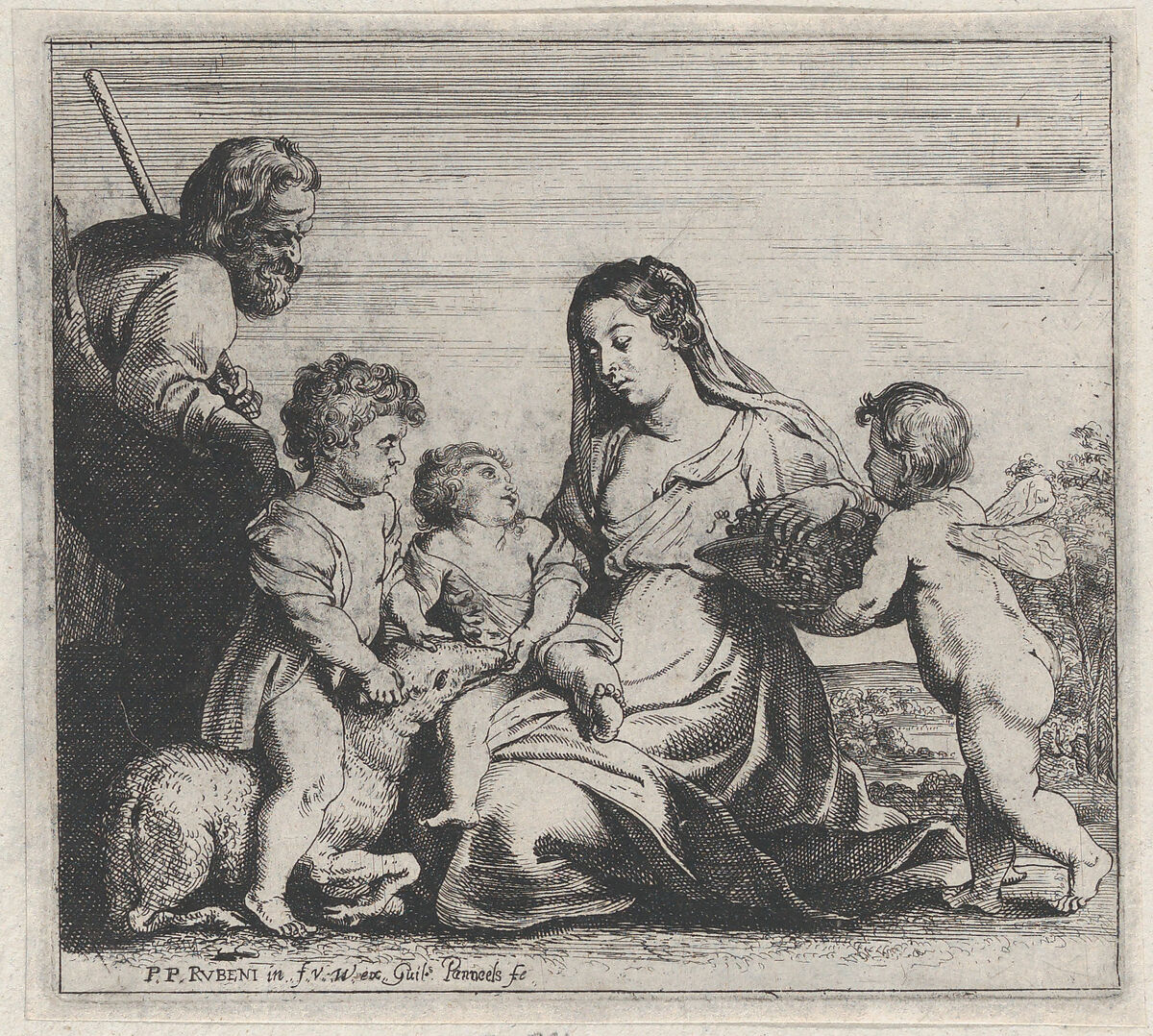 The Holy Family and Saint John the Baptist playing with a lamb, an angel at right, Willem Panneels (Flemish, ca. 1600–after 1632), Engraving; second state of two 