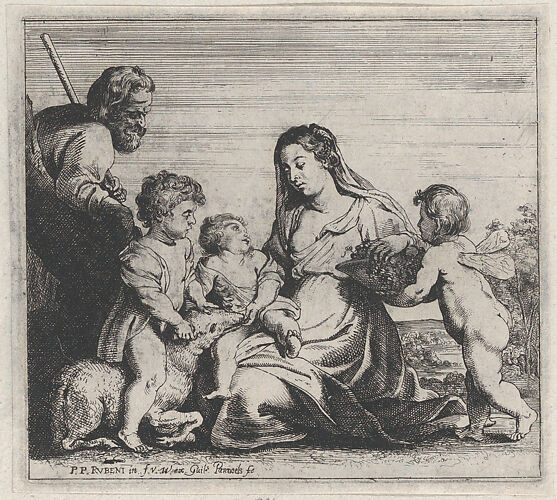 The Holy Family and Saint John the Baptist playing with a lamb, an angel at right