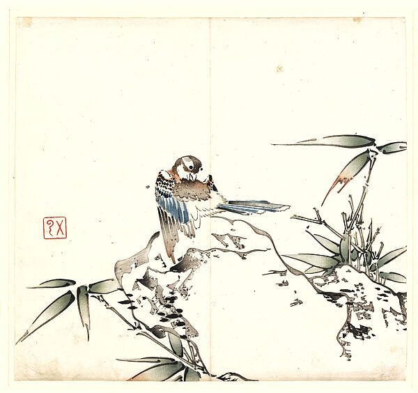 Bird and Bamboo, after Ling Yunhan (active second half of the 14th century), Leaf from the Ten Bamboo Studio Collection of Calligraphy and Painting, After Ling Yunhan (Chinese, active second half of the 14th century), Woodblock print; ink and color on paper, China 