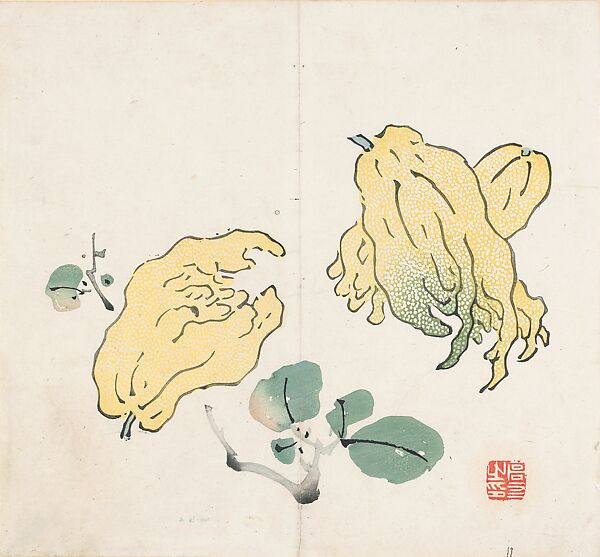 Buddha’s Hand Fruits, after Gao You (active first half of the 17th century) Leaf from the Ten Bamboo Studio Collection of Calligraphy and Painting, After Gao You (Chinese, active first half of the 17th century), Woodblock print; ink and color on paper, China 