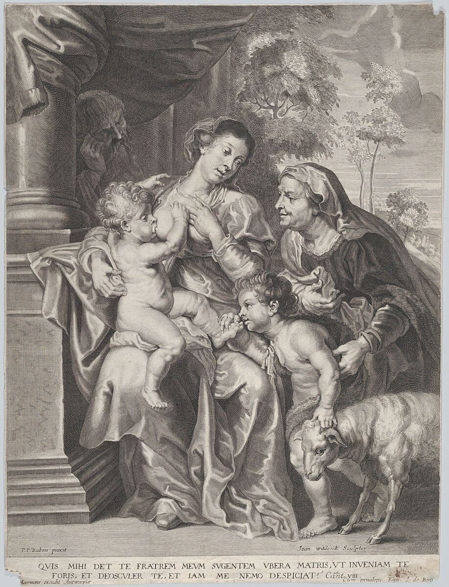 The Holy Family with Elizabeth and the infant Saint John the Baptist, the Virgin nursing the infant Christ, Jan (Hans) Witdoeck (Flemish, ca. 1615–1642), Engraving; second state of three 