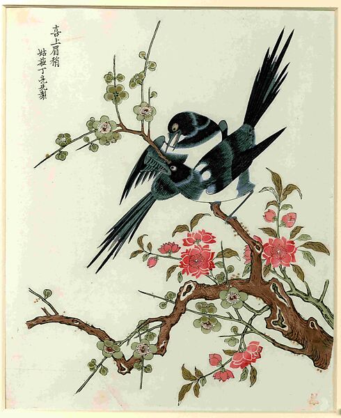 Magpies and Prunus, Ding Liangxian (active first half of the 18th century), Woodblock print; ink and color on paper, China 