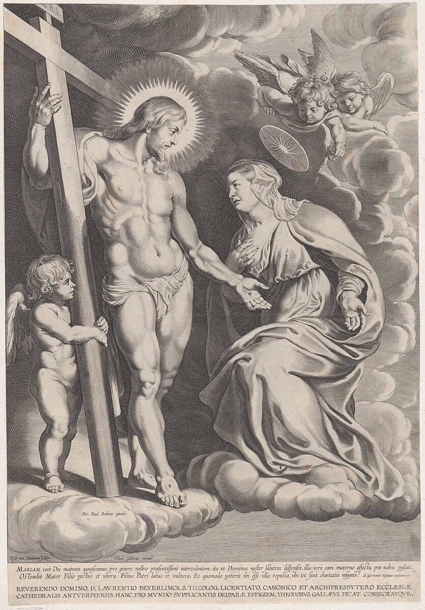 The Intercession of the Virgin, kneeling on a cloud at right before Christ, standing at left holding the cross, Egbert Van Panderen (Flemish, Haarlem 1590–1637 Antwerp), Engraving 