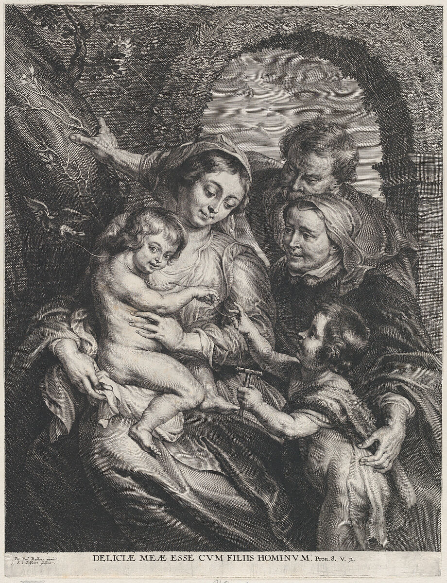 The Holy Family with Saint Elizabeth and the infant Saint John the Baptist, holding a goldfinch on a string, Schelte Adams à Bolswert (Dutch, Bolsward 1581–1659 Antwerp), Engraving; first state of two 