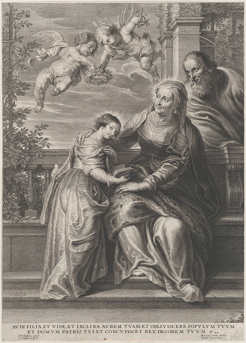 The education of the Virgin, with Saint Anne and the Virgin Mary reading with two putti overhead and Saint Joachim behind them at right, Schelte Adams à Bolswert (Dutch, Bolsward 1581–1659 Antwerp), Etching and engraving; second state of five 