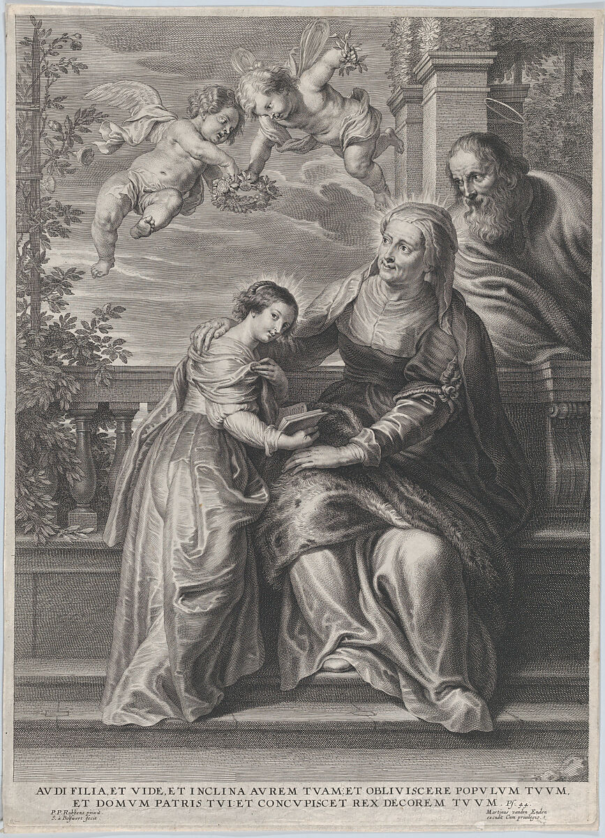 The education of the Virgin, with Saint Anne and the Virgin Mary reading with two putti overhead and Saint Joachim behind them at right, Schelte Adams à Bolswert (Dutch, Bolsward 1581–1659 Antwerp), Etching and engraving; second state of five 