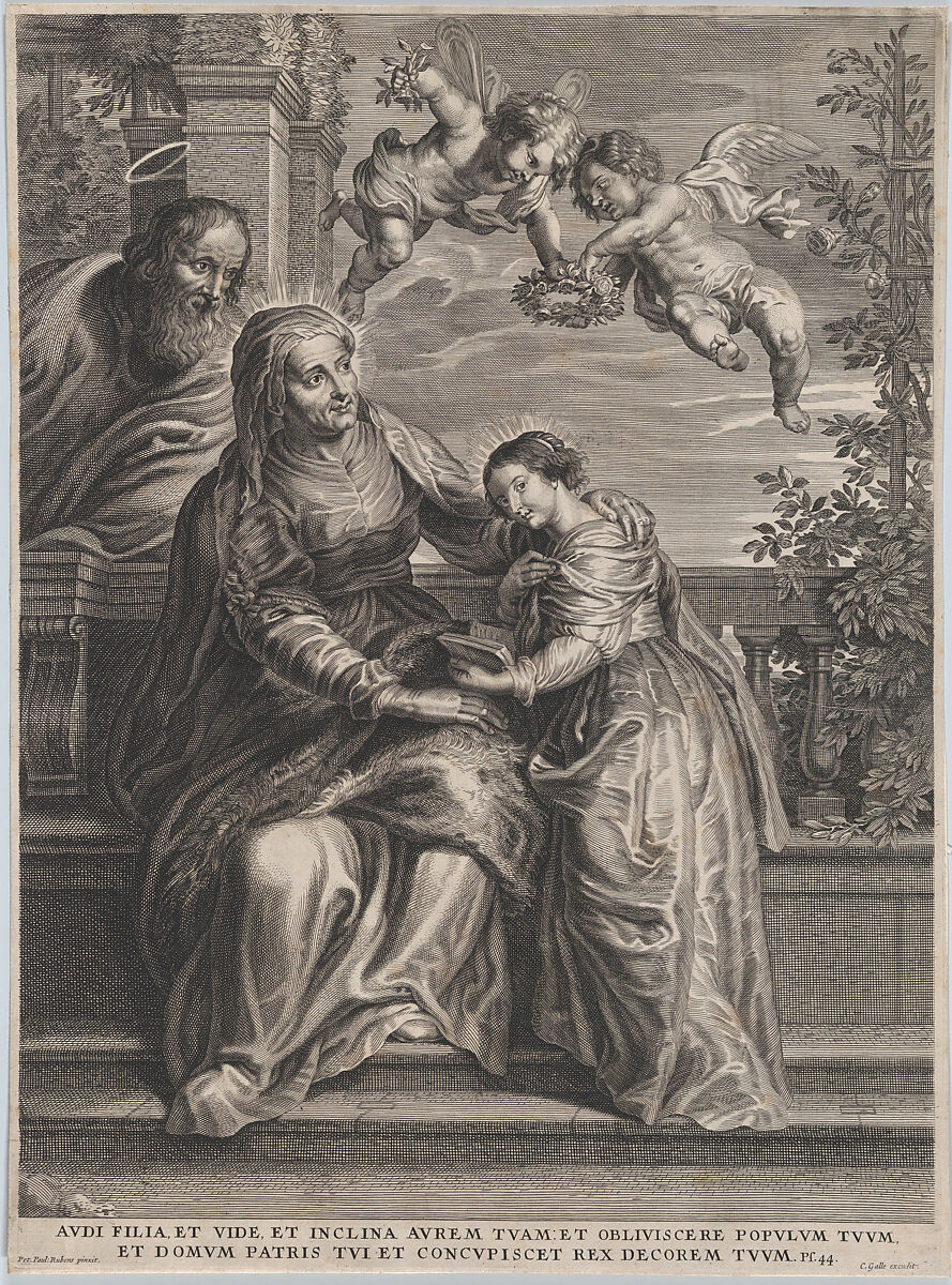 The education of the Virgin, with Saint Anne and the Virgin Mary reading with two putti overhead and Saint Joachim behind them at left, Anonymous, Etching and engraving; reverse copy 