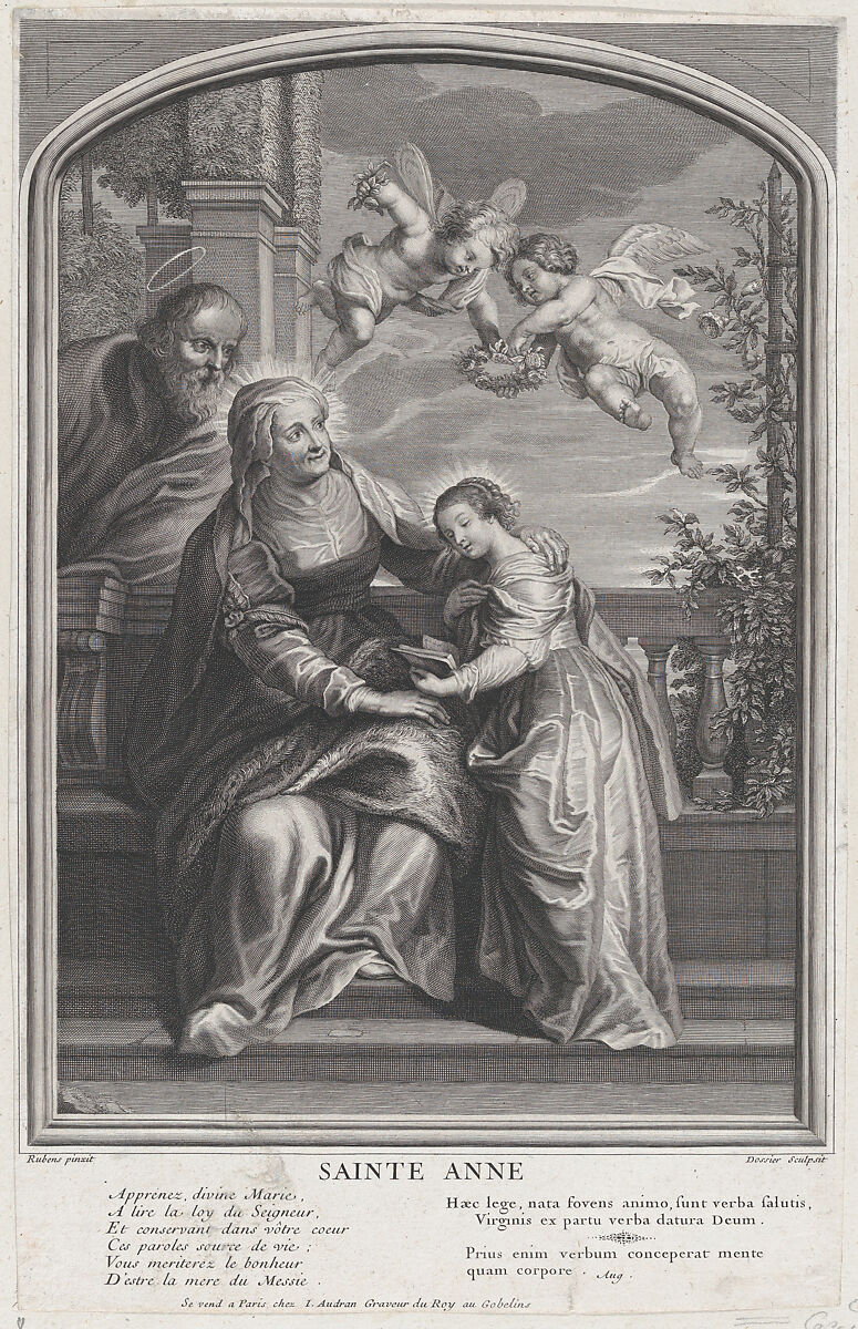 The education of the Virgin, with Saint Anne and the Virgin Mary reading with two putti overhead and Saint Joachim behind them at left, Michel Dossier (French, Paris 1684–1750 Paris), Engraving; reverse copy 