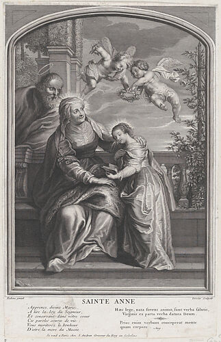 The education of the Virgin, with Saint Anne and the Virgin Mary reading with two putti overhead and Saint Joachim behind them at left