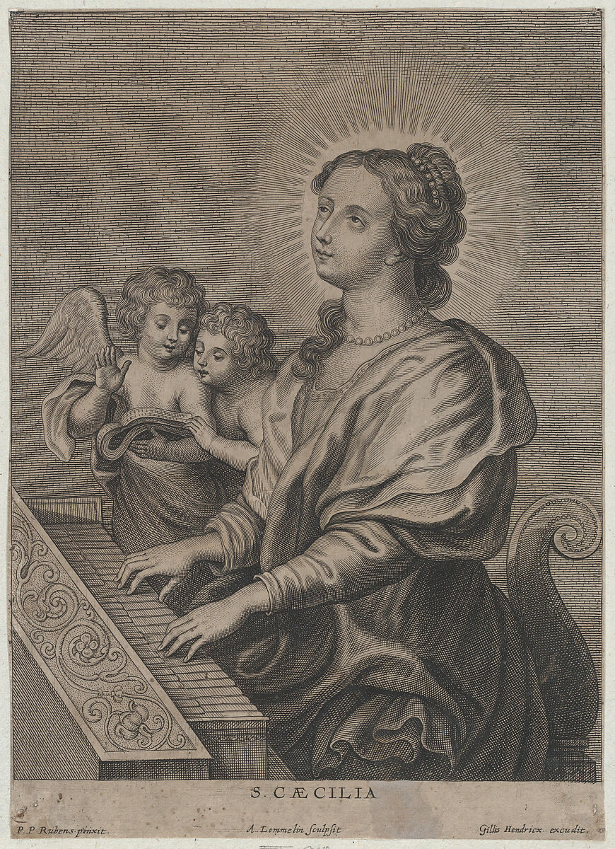 Saint Cecilia playing the organ with two putti at left, Adriaen Lommelin (Flemish, Amiens 1636/37–after 1673), Engraving; first state of two 